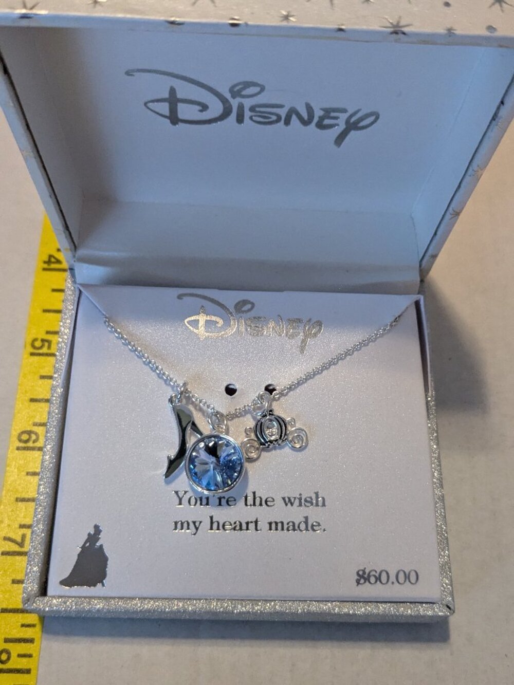 DISNEY Cinderella "You're the wish my heart made" Silver Tone Charm Necklace